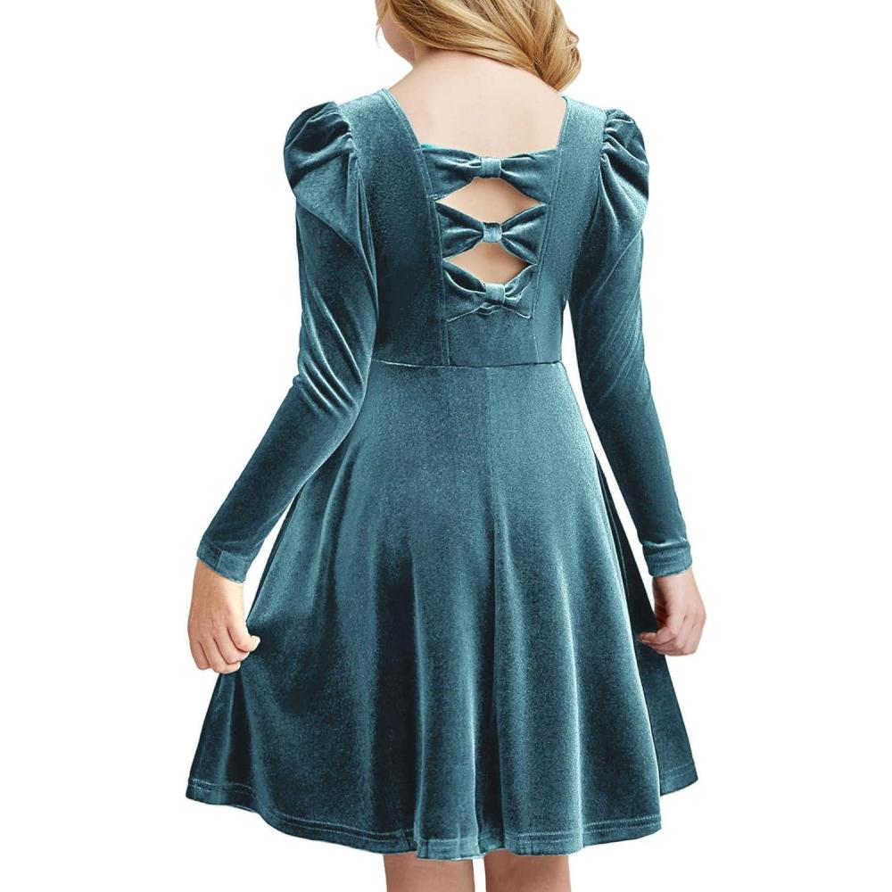 imageArshiner Girls Long Sleeve Dress Velvet Crew Neck Bow Back Holiday Party Dresses with PocketsGreen Blue