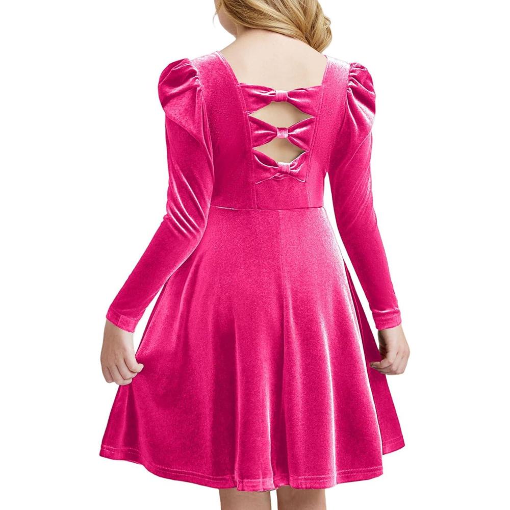 imageArshiner Girls Long Sleeve Dress Velvet Crew Neck Bow Back Holiday Party Dresses with PocketsHot Pink