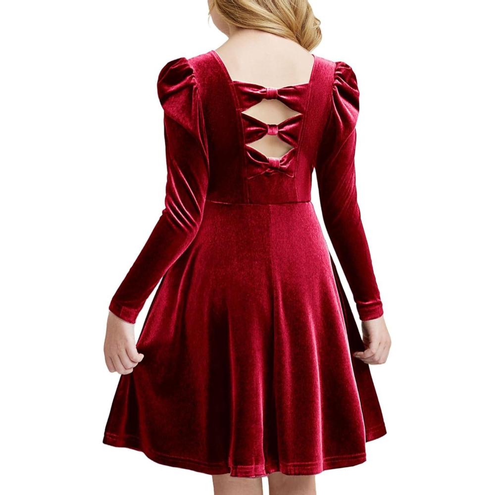 imageArshiner Girls Long Sleeve Dress Velvet Crew Neck Bow Back Holiday Party Dresses with PocketsRed