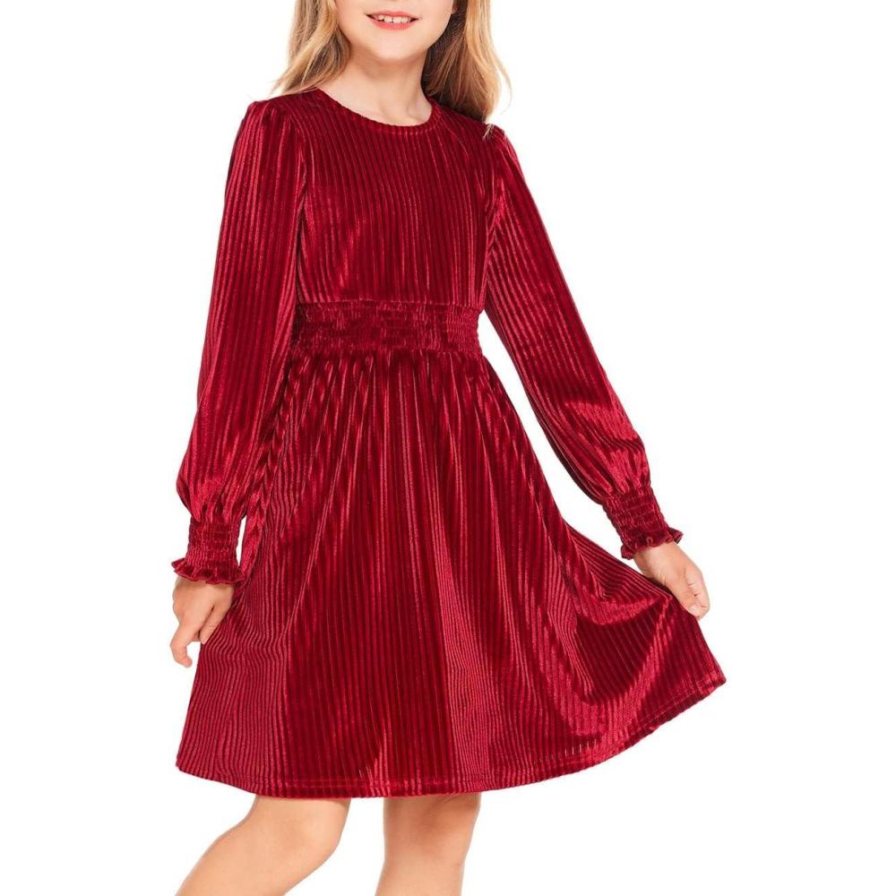imageArshiner Girls Long Sleeve Dress Velvet Crew Neck Midi Fall Vintage Plain Dress for Kids 413Y0red