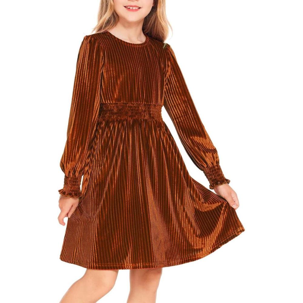 imageArshiner Girls Long Sleeve Dress Velvet Crew Neck Midi Fall Vintage Plain Dress for Kids 413YBurnt Orange