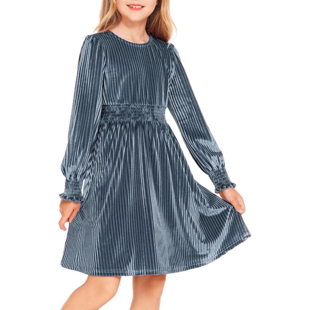imageArshiner Girls Long Sleeve Dress Velvet Crew Neck Midi Fall Vintage Plain Dress for Kids 413YDusty Blue