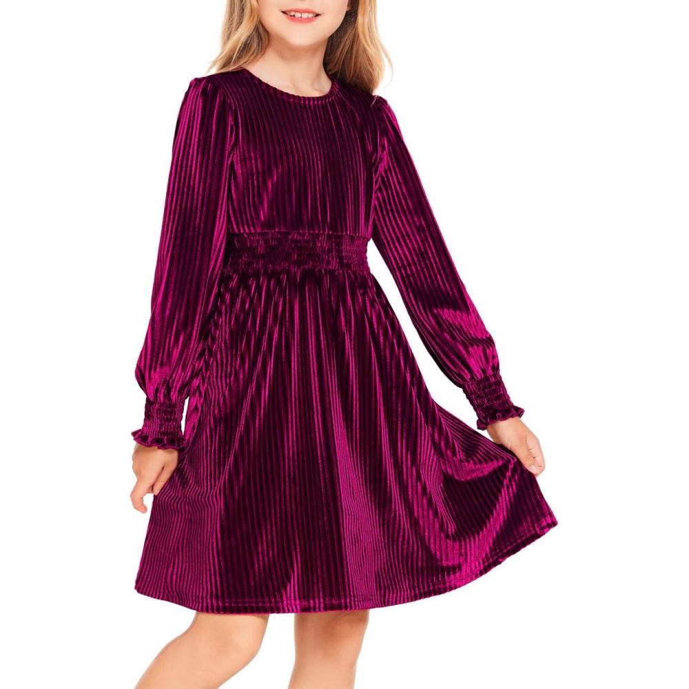 imageArshiner Girls Long Sleeve Dress Velvet Crew Neck Midi Fall Vintage Plain Dress for Kids 413YFuchsia