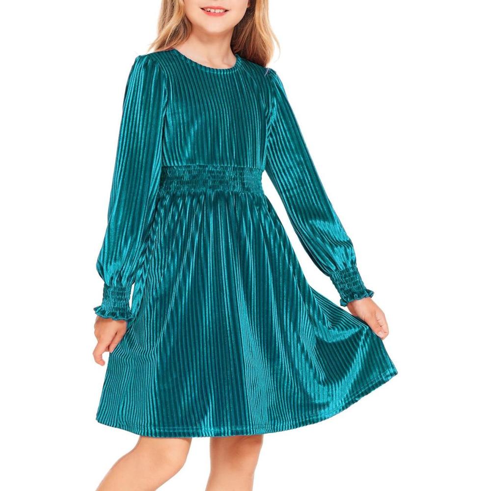 imageArshiner Girls Long Sleeve Dress Velvet Crew Neck Midi Fall Vintage Plain Dress for Kids 413YGreen Blue