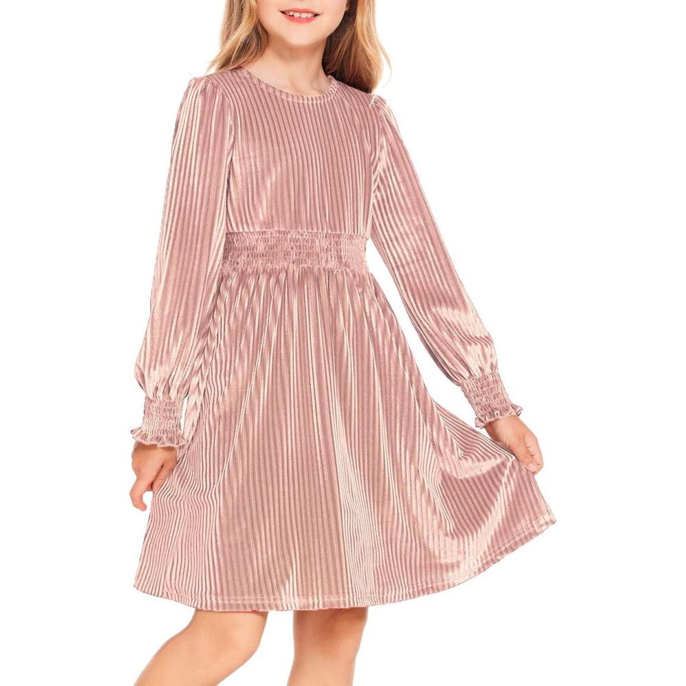 imageArshiner Girls Long Sleeve Dress Velvet Crew Neck Midi Fall Vintage Plain Dress for Kids 413YPink
