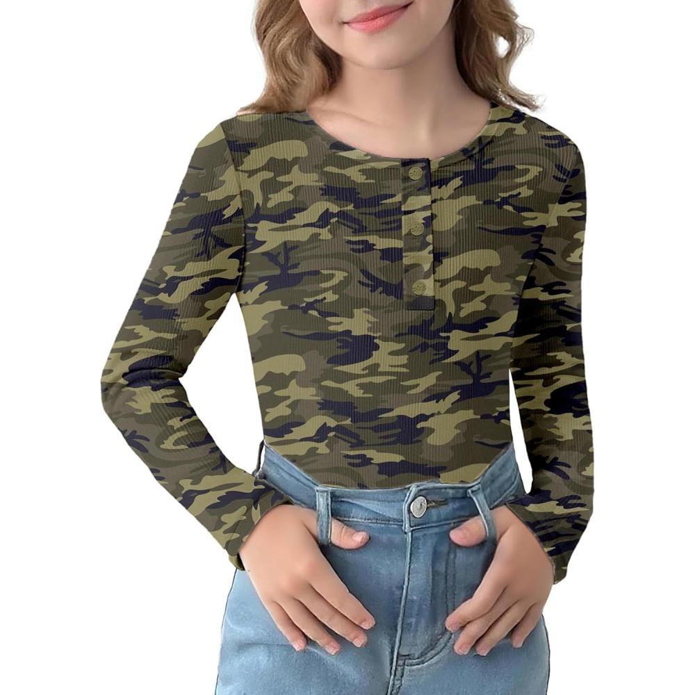 imageArshiner Girls Long Sleeve Henley Ribbed Knit Shirts for Girls Button Down Slim Fit Tops Round Neck BlousesArmy Green