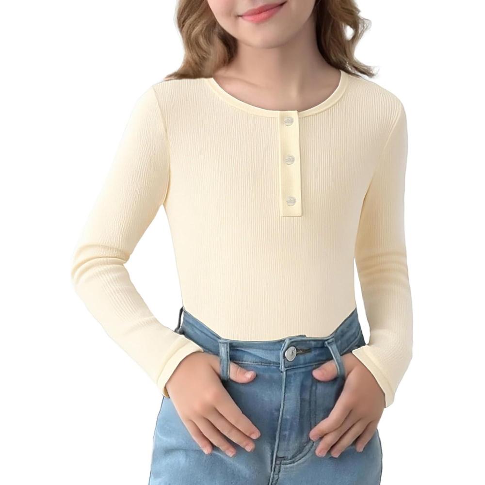 imageArshiner Girls Long Sleeve Henley Ribbed Knit Shirts for Girls Button Down Slim Fit Tops Round Neck BlousesBeige