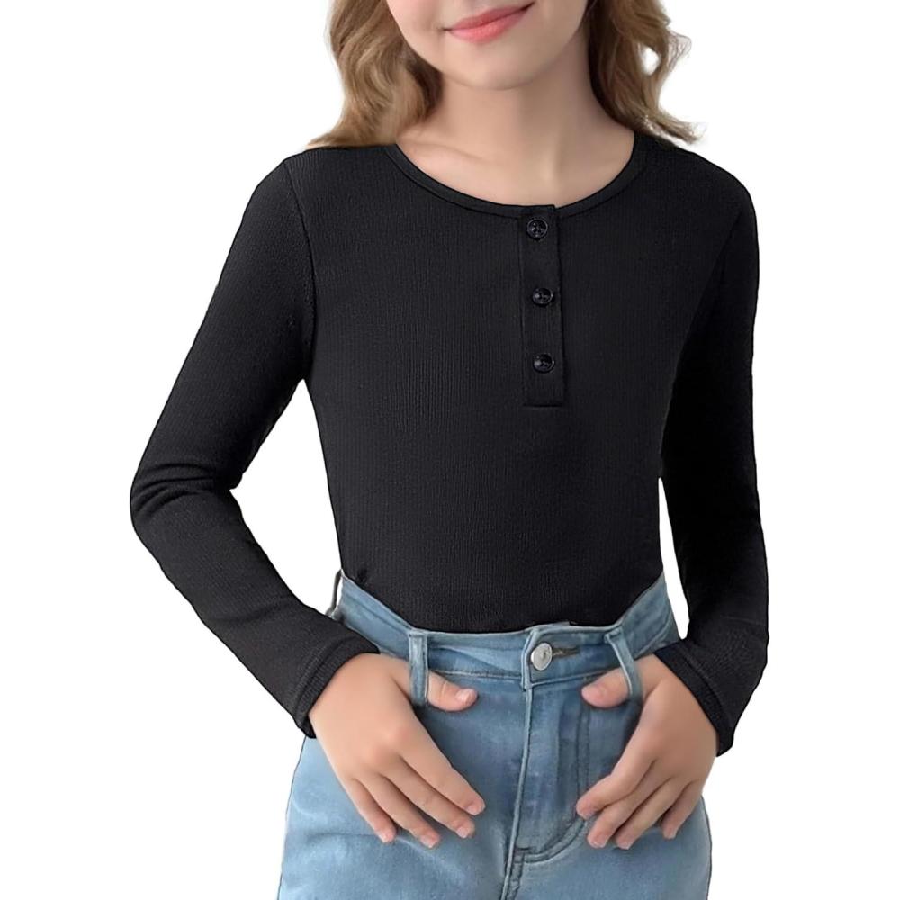 imageArshiner Girls Long Sleeve Henley Ribbed Knit Shirts for Girls Button Down Slim Fit Tops Round Neck BlousesBlack