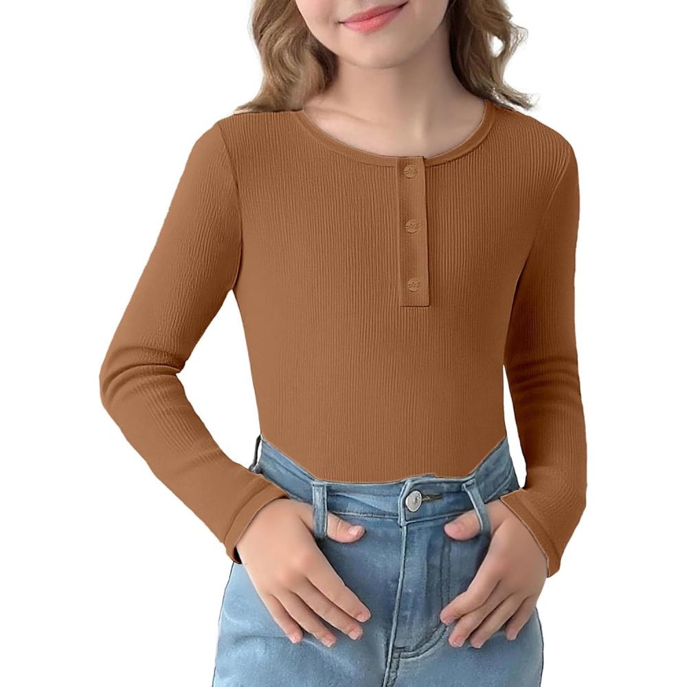 imageArshiner Girls Long Sleeve Henley Ribbed Knit Shirts for Girls Button Down Slim Fit Tops Round Neck BlousesBrown