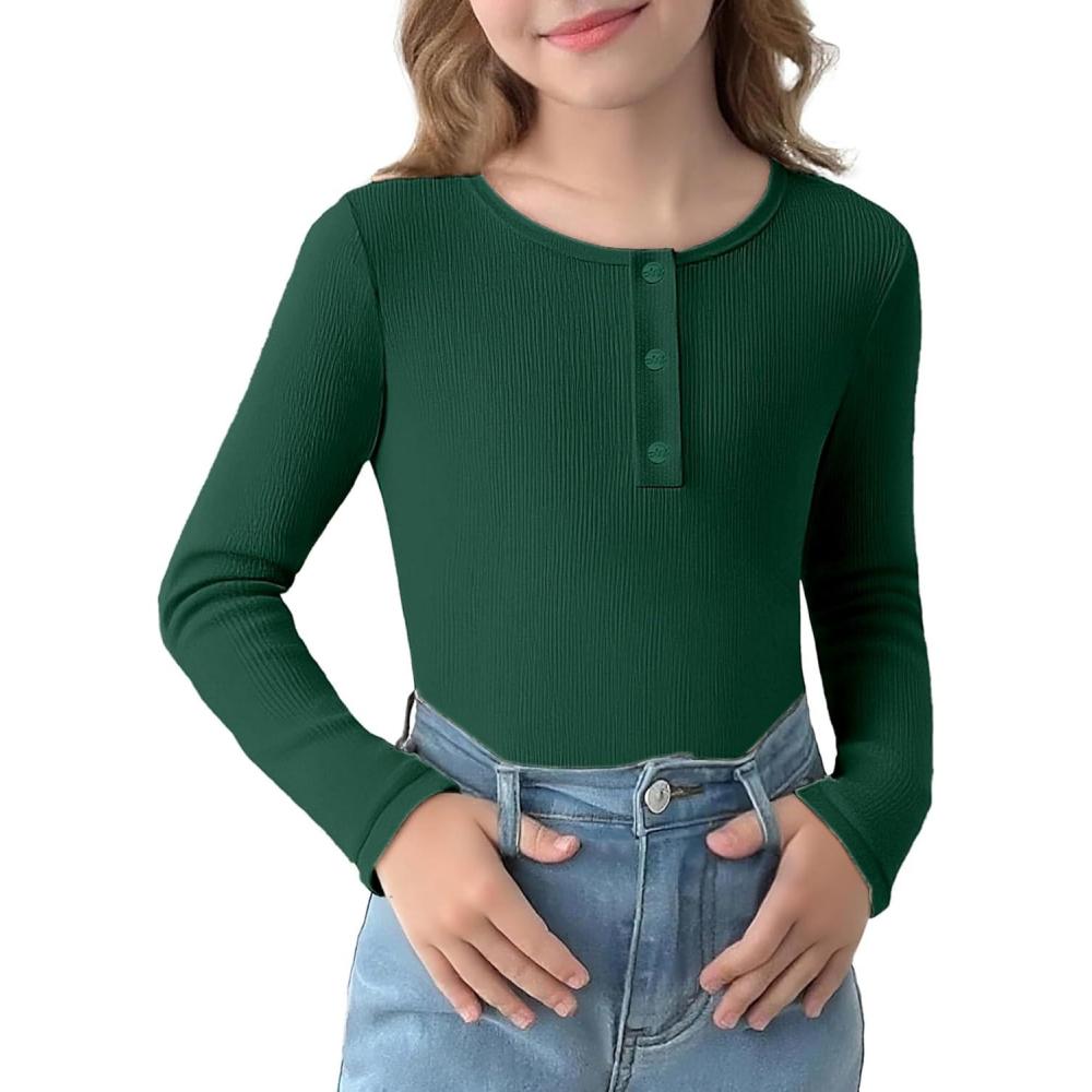 imageArshiner Girls Long Sleeve Henley Ribbed Knit Shirts for Girls Button Down Slim Fit Tops Round Neck BlousesGreen