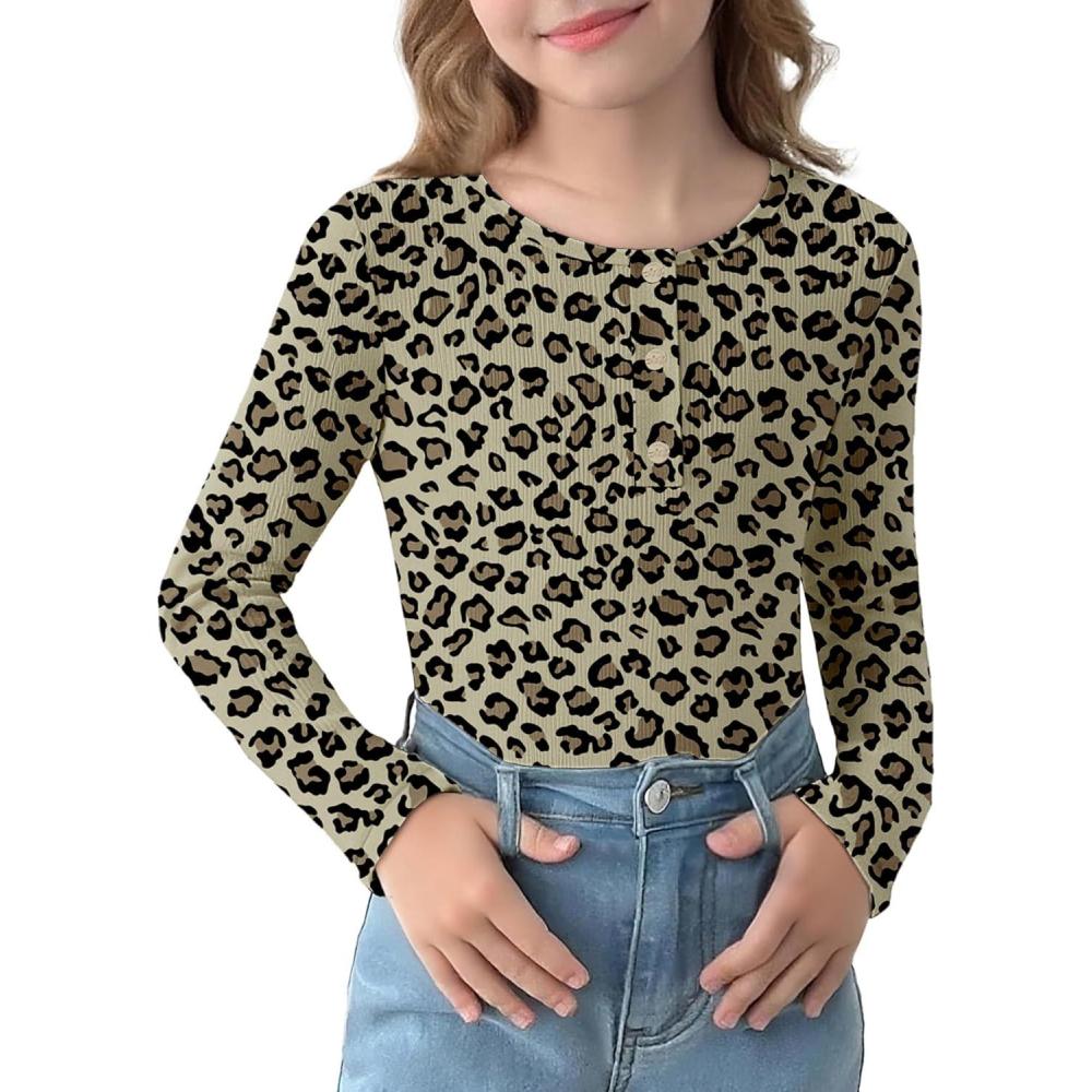 imageArshiner Girls Long Sleeve Henley Ribbed Knit Shirts for Girls Button Down Slim Fit Tops Round Neck BlousesLeopard Print