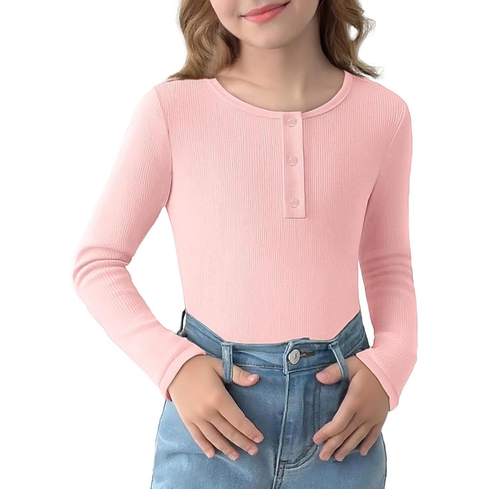 imageArshiner Girls Long Sleeve Henley Ribbed Knit Shirts for Girls Button Down Slim Fit Tops Round Neck BlousesLight Pink