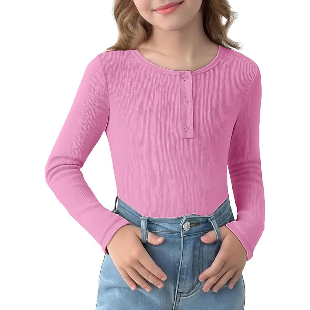 imageArshiner Girls Long Sleeve Henley Ribbed Knit Shirts for Girls Button Down Slim Fit Tops Round Neck BlousesPeachy Pink