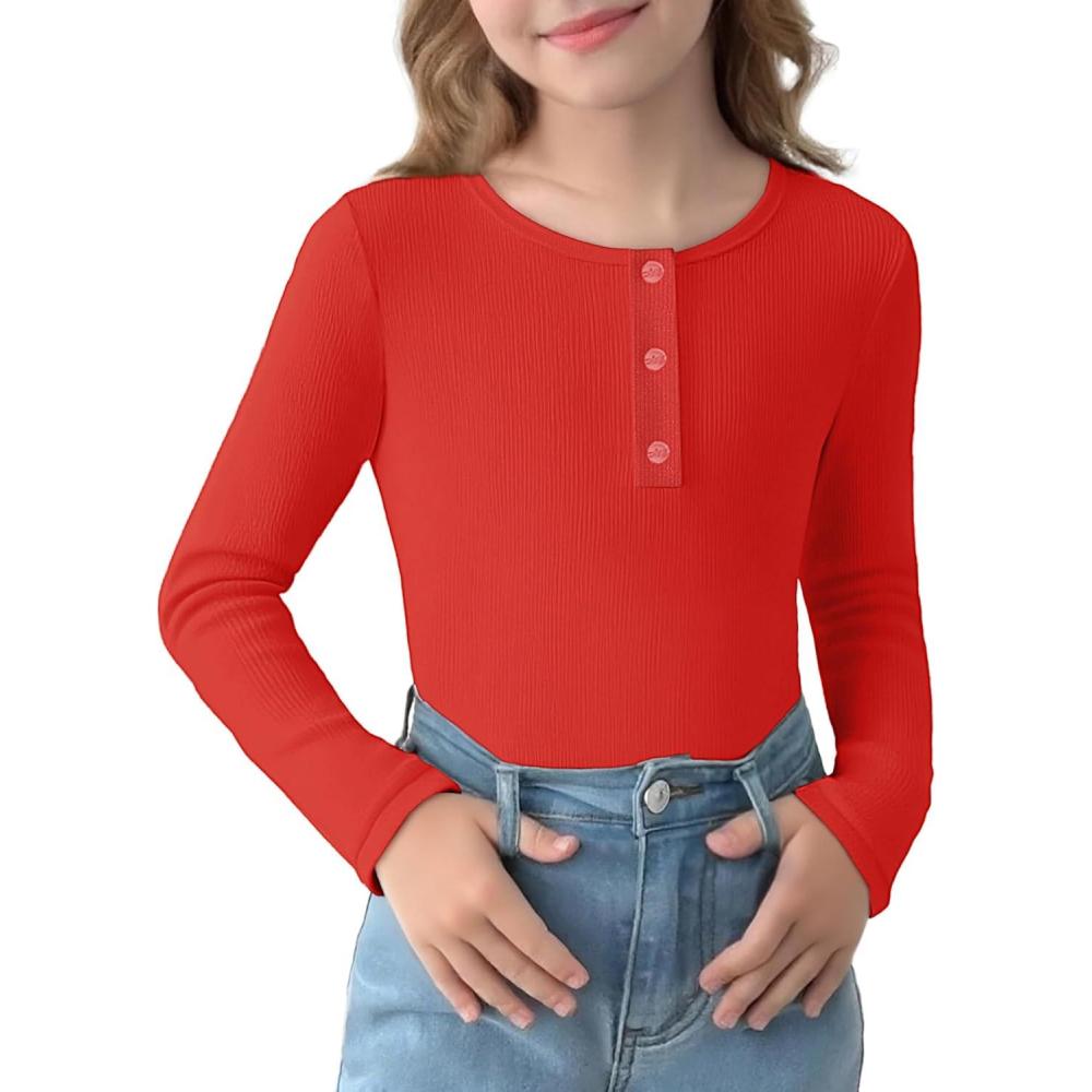 imageArshiner Girls Long Sleeve Henley Ribbed Knit Shirts for Girls Button Down Slim Fit Tops Round Neck BlousesRed