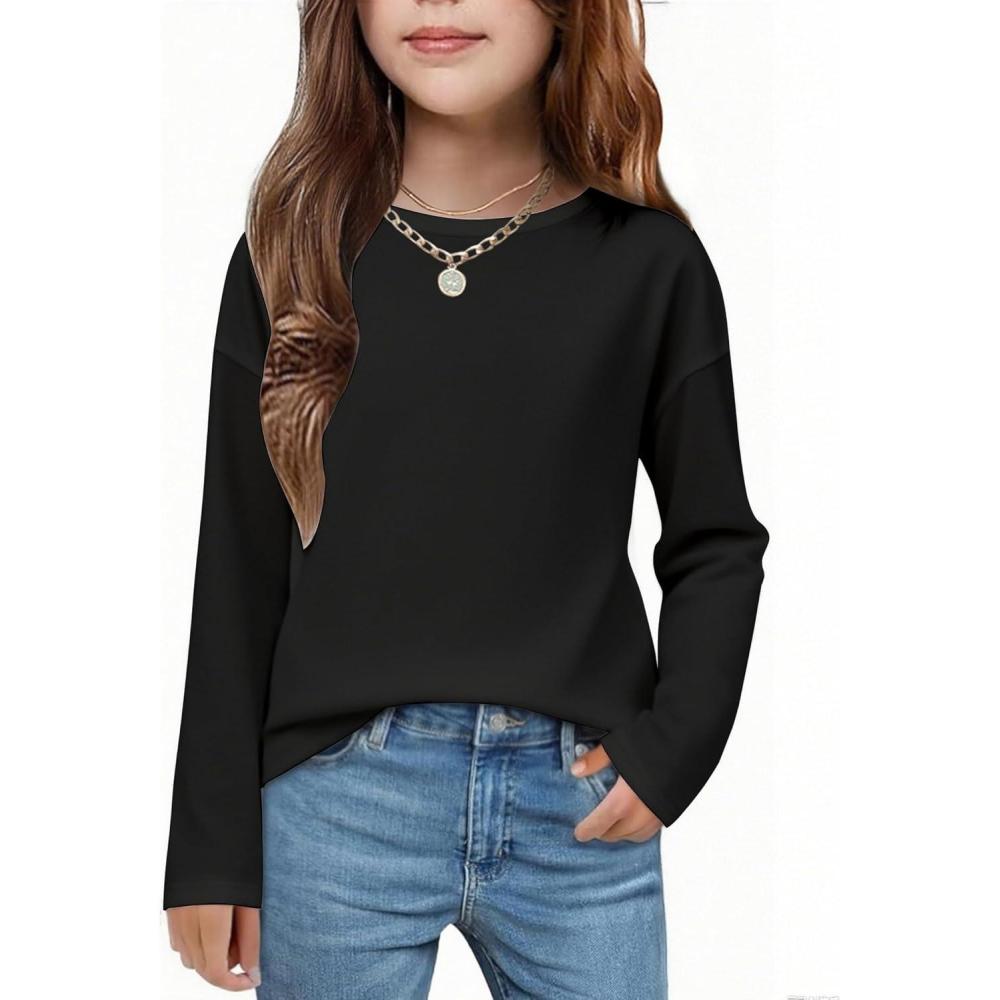 imageArshiner Girls Long Sleeve Shirts Drop Shoulder Casual Loose Fit Crewneck Blouse Tee TopsBlack