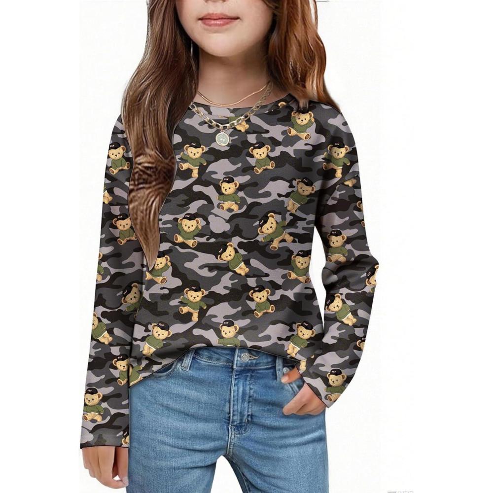 imageArshiner Girls Long Sleeve Shirts Drop Shoulder Casual Loose Fit Crewneck Blouse Tee TopsCamoteddy