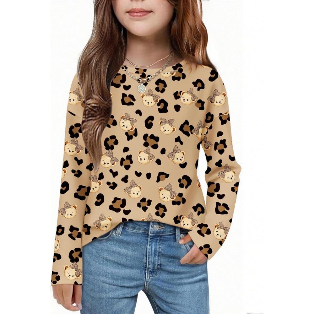 imageArshiner Girls Long Sleeve Shirts Drop Shoulder Casual Loose Fit Crewneck Blouse Tee TopsLeopardteddy