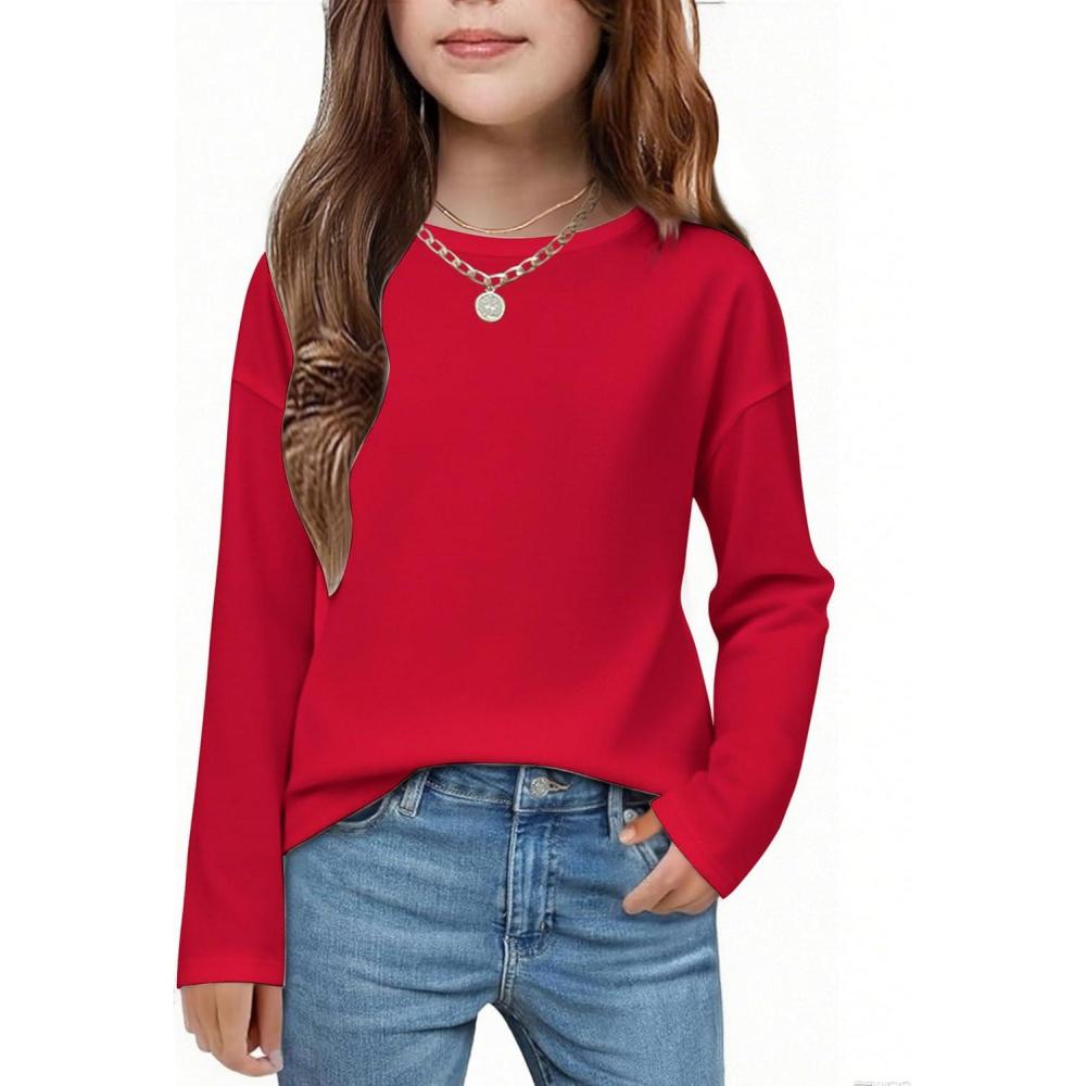 imageArshiner Girls Long Sleeve Shirts Drop Shoulder Casual Loose Fit Crewneck Blouse Tee TopsRed