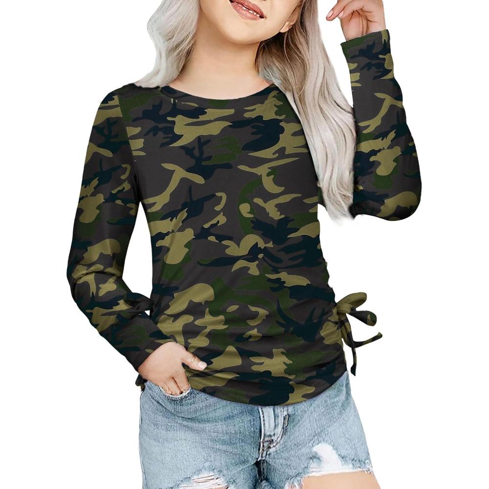 imageArshiner Girls Long Sleeve Shirts Ruched Knot Side Tunic Blouse Tee TopsCamo
