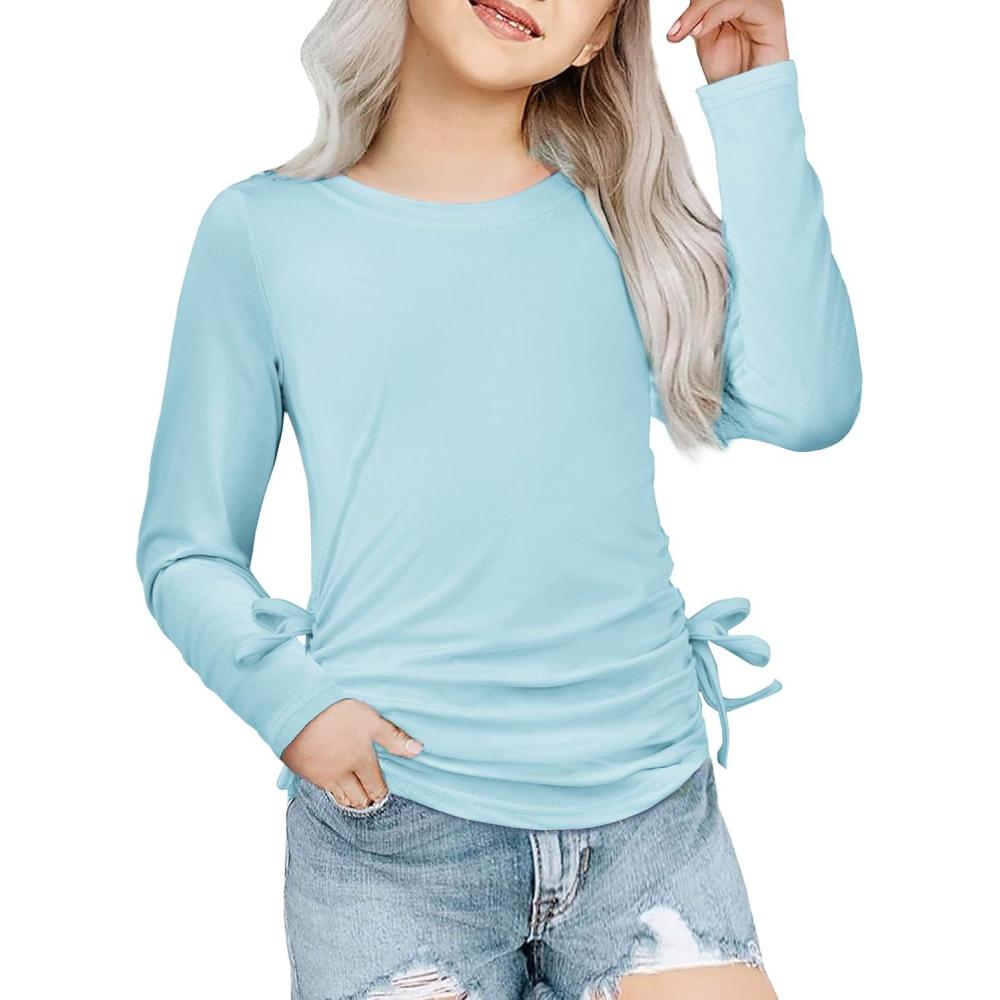 imageArshiner Girls Long Sleeve Shirts Ruched Knot Side Tunic Blouse Tee TopsLight Blue