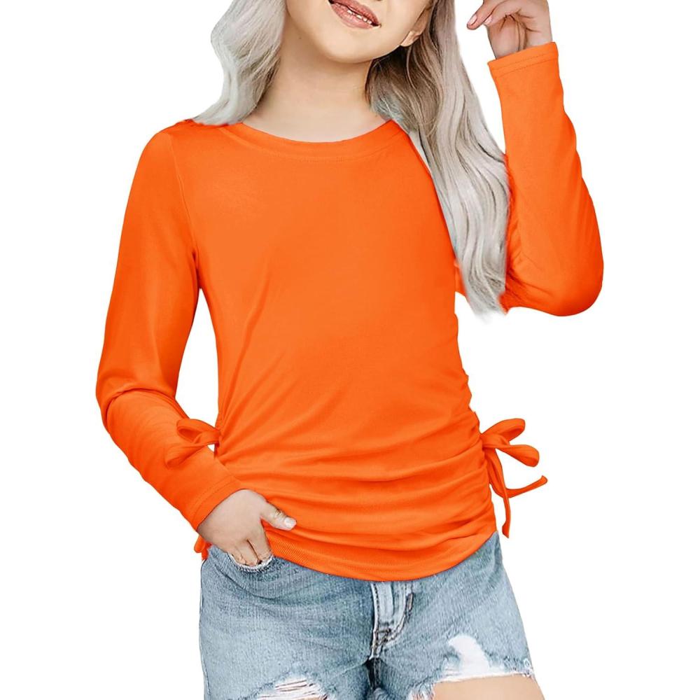 imageArshiner Girls Long Sleeve Shirts Ruched Knot Side Tunic Blouse Tee TopsOrange