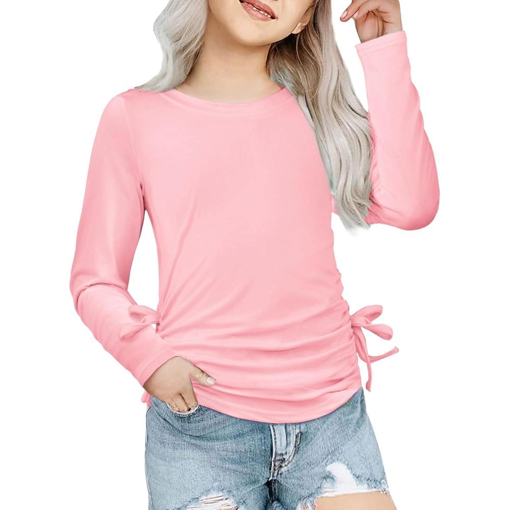 imageArshiner Girls Long Sleeve Shirts Ruched Knot Side Tunic Blouse Tee TopsPink