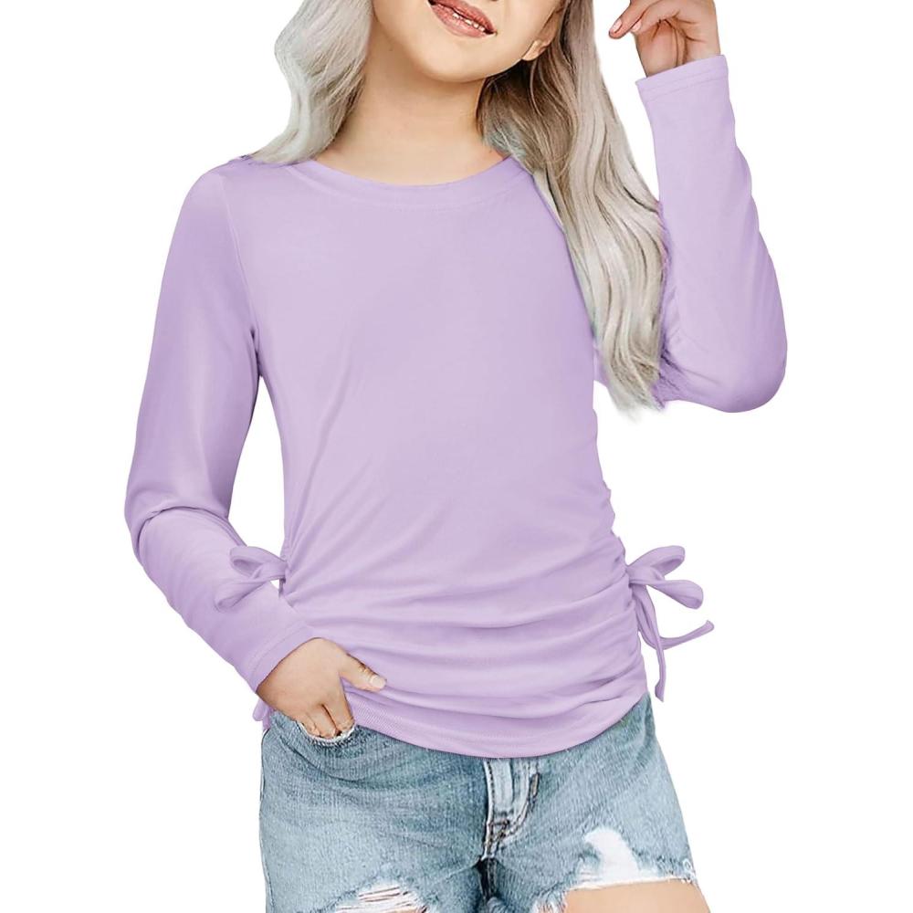 imageArshiner Girls Long Sleeve Shirts Ruched Knot Side Tunic Blouse Tee TopsPurple