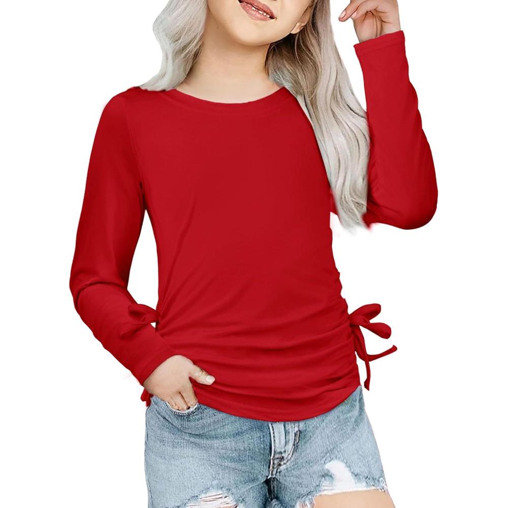 imageArshiner Girls Long Sleeve Shirts Ruched Knot Side Tunic Blouse Tee TopsRed