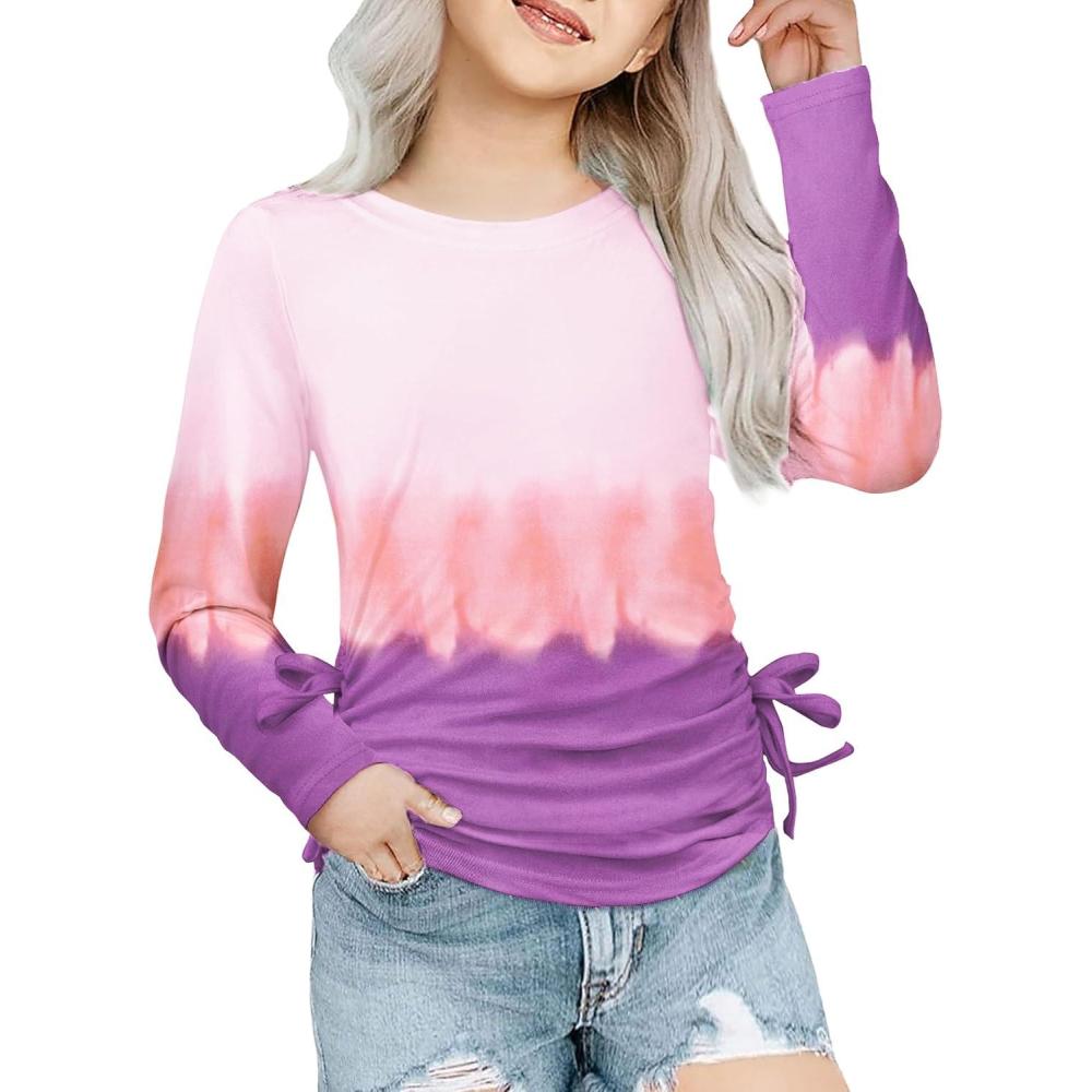 imageArshiner Girls Long Sleeve Shirts Ruched Knot Side Tunic Blouse Tee TopsTie Dyepurple