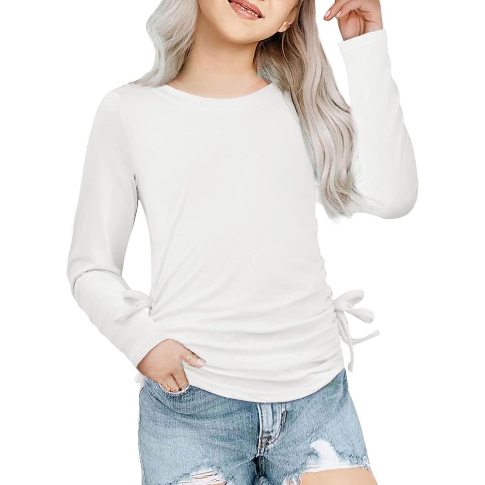 imageArshiner Girls Long Sleeve Shirts Ruched Knot Side Tunic Blouse Tee TopsWhite