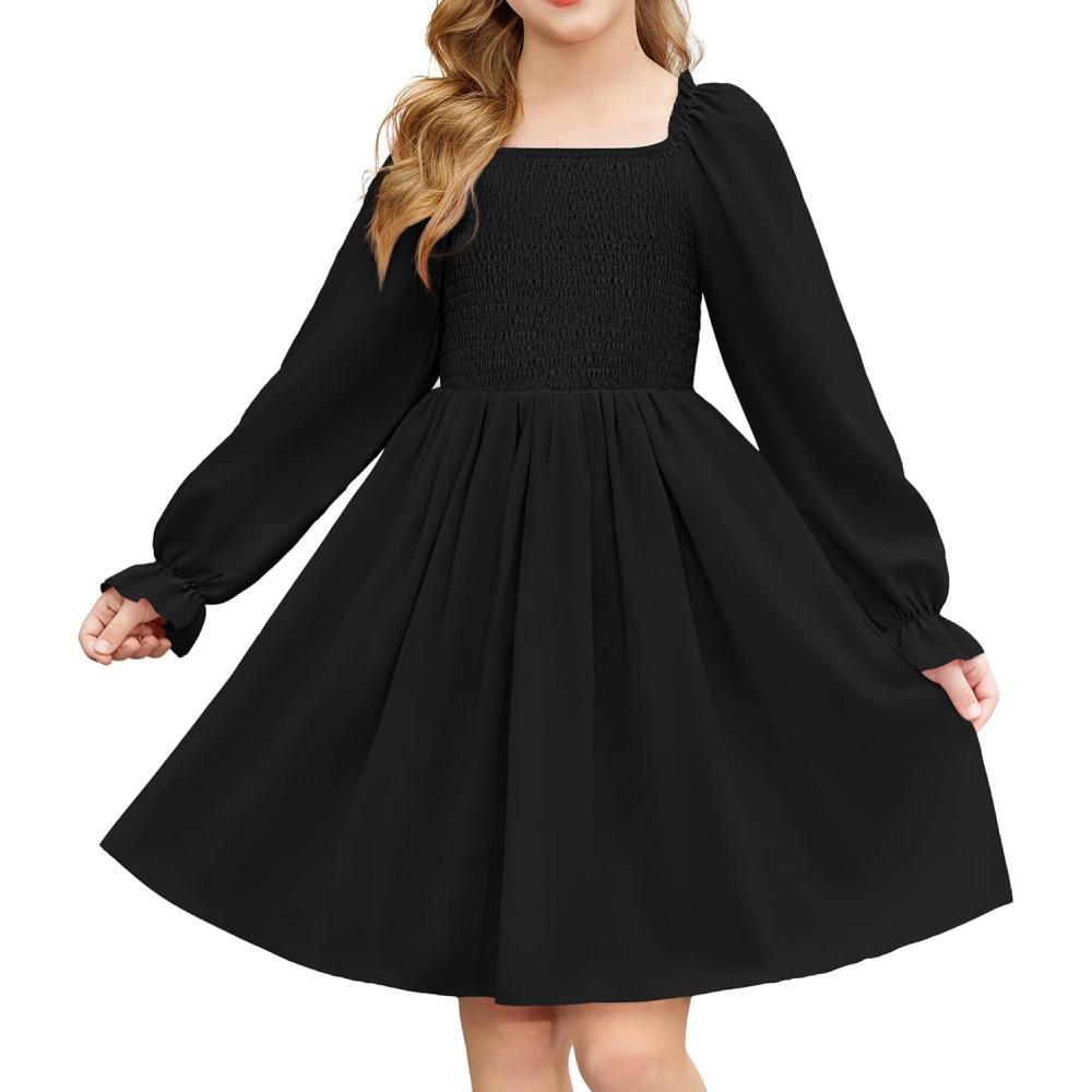 imageArshiner Girls Long Sleeve Smocked Skater Fall Winter Elegant Dress with PocketsBlack