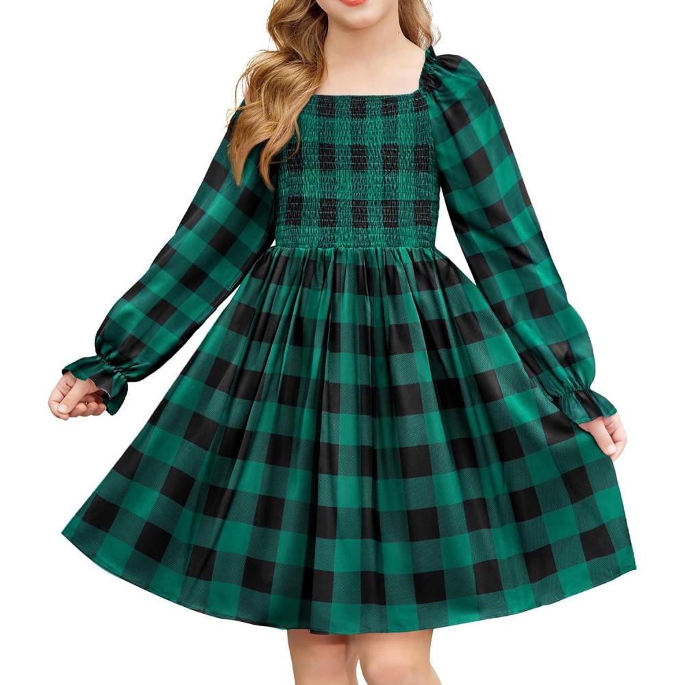 imageArshiner Girls Long Sleeve Smocked Skater Fall Winter Elegant Dress with PocketsGreen Black