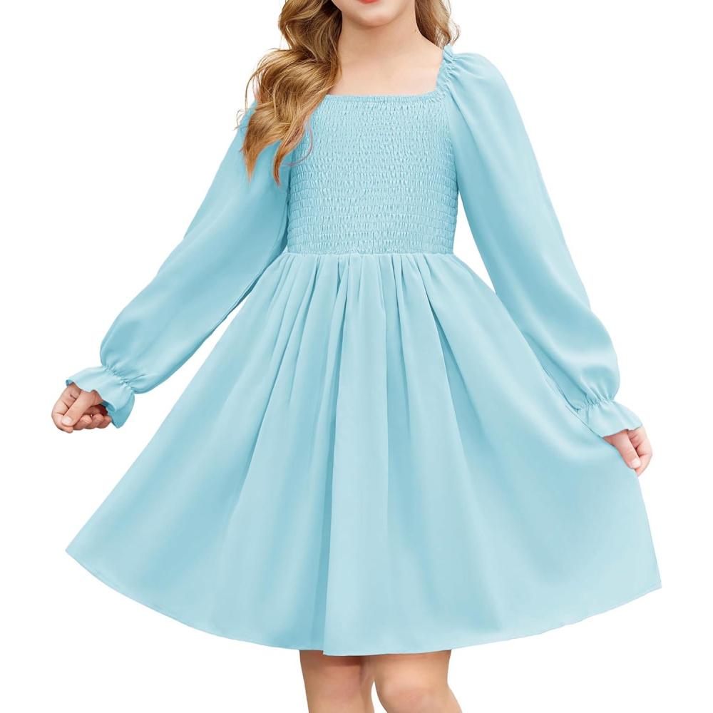 imageArshiner Girls Long Sleeve Smocked Skater Fall Winter Elegant Dress with PocketsLight Blue