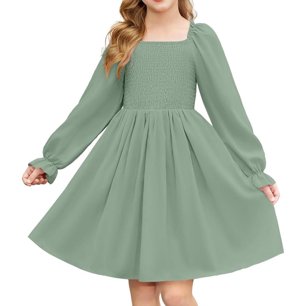 imageArshiner Girls Long Sleeve Smocked Skater Fall Winter Elegant Dress with PocketsLight Green