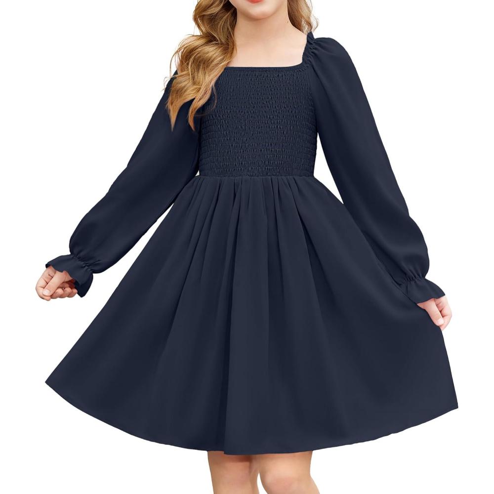 imageArshiner Girls Long Sleeve Smocked Skater Fall Winter Elegant Dress with PocketsNavy Blue