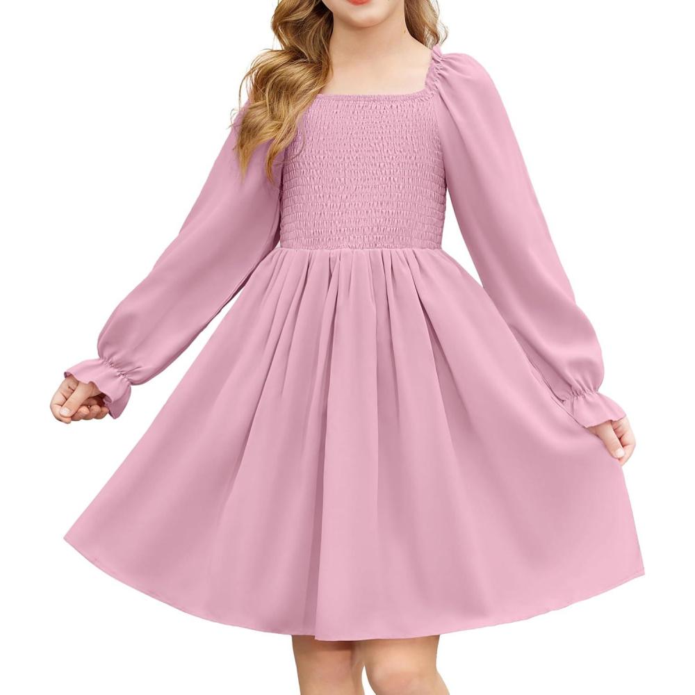 imageArshiner Girls Long Sleeve Smocked Skater Fall Winter Elegant Dress with PocketsPink