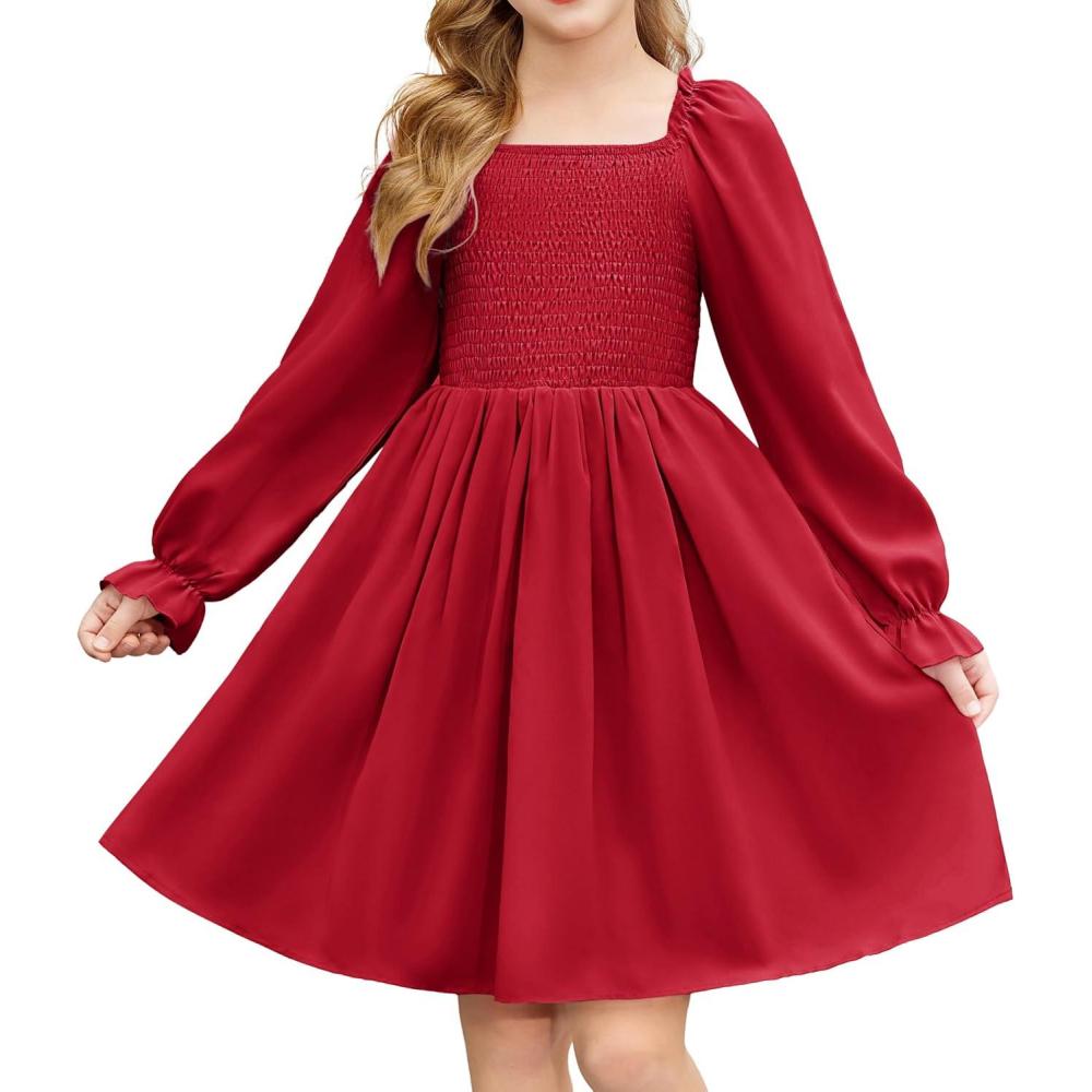 imageArshiner Girls Long Sleeve Smocked Skater Fall Winter Elegant Dress with PocketsRed