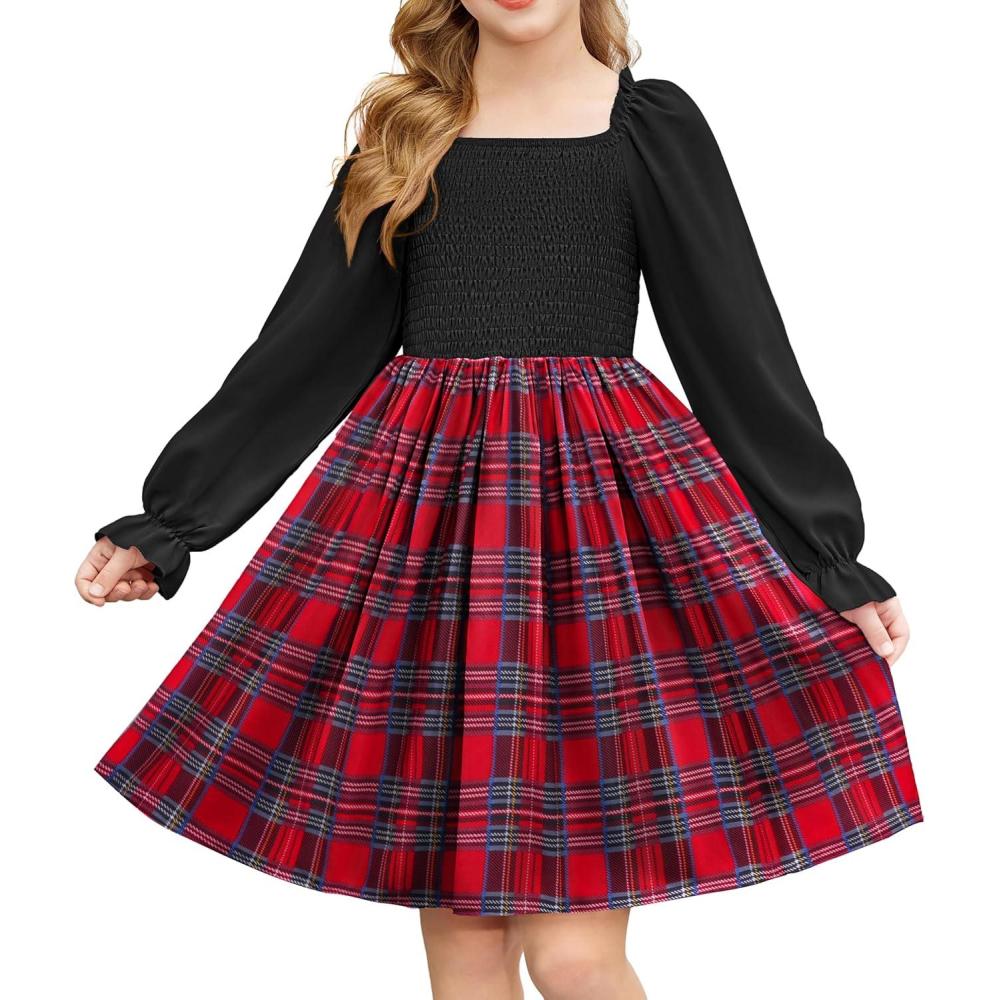 imageArshiner Girls Long Sleeve Smocked Skater Fall Winter Elegant Dress with PocketsRed Plaid