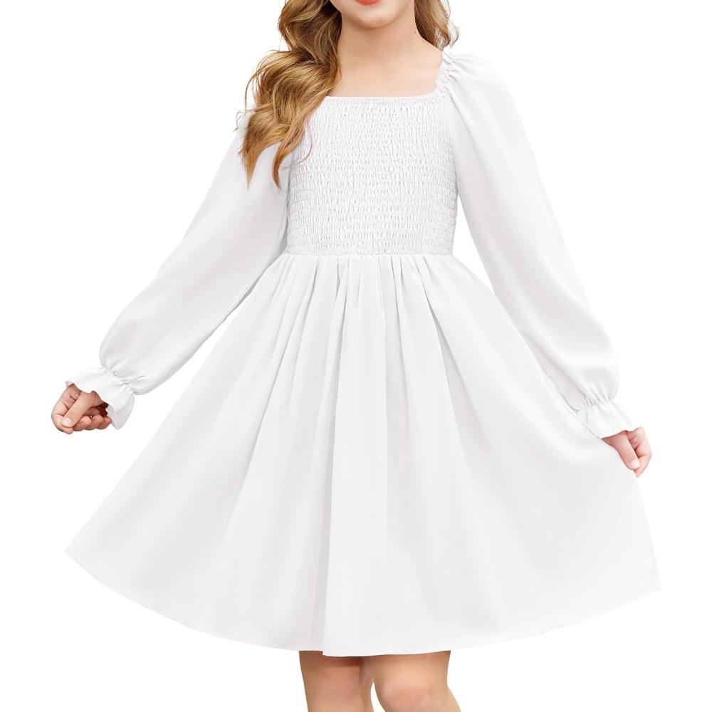 imageArshiner Girls Long Sleeve Smocked Skater Fall Winter Elegant Dress with PocketsWhite