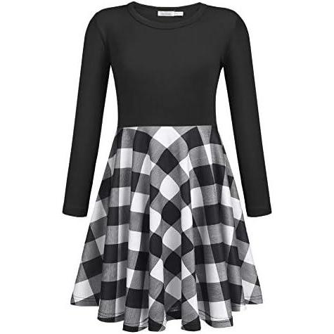 imageArshiner Girls Long Sleeve Stretchy Dress A line Twirly Skater School Party DressBlack Plaid