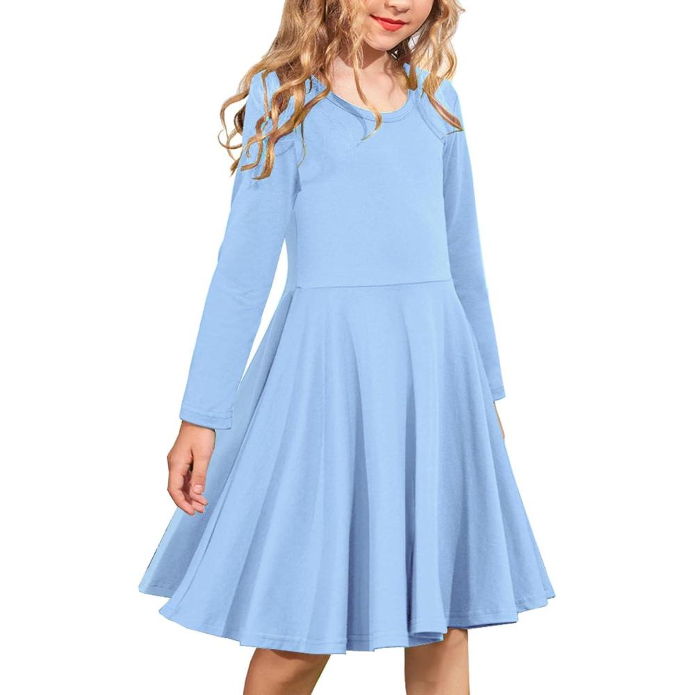 imageArshiner Girls Long Sleeve Stretchy Dress A line Twirly Skater School Party DressBlue