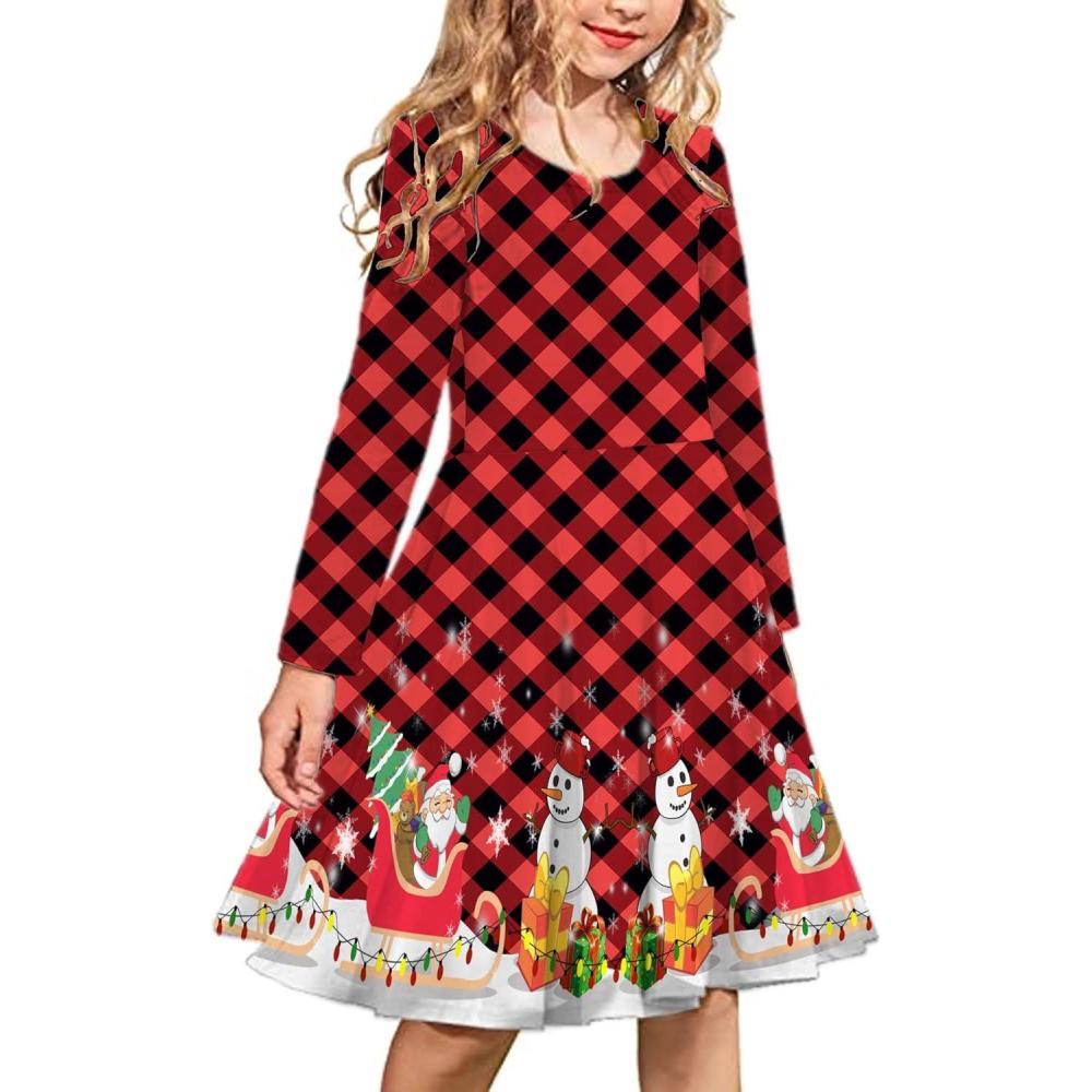 imageArshiner Girls Long Sleeve Stretchy Dress A line Twirly Skater School Party DressChristmas Red Plaid
