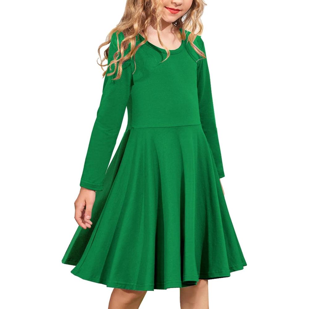 imageArshiner Girls Long Sleeve Stretchy Dress A line Twirly Skater School Party DressGreen