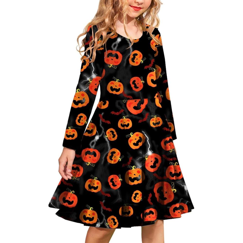 imageArshiner Girls Long Sleeve Stretchy Dress A line Twirly Skater School Party DressHalloween Pumpkin