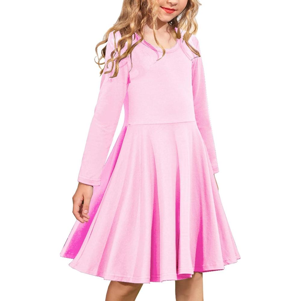 imageArshiner Girls Long Sleeve Stretchy Dress A line Twirly Skater School Party DressPink