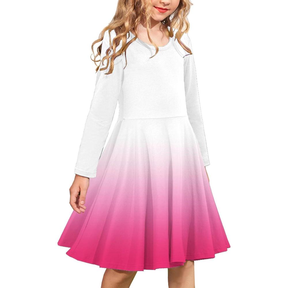 imageArshiner Girls Long Sleeve Stretchy Dress A line Twirly Skater School Party DressPink Gradient