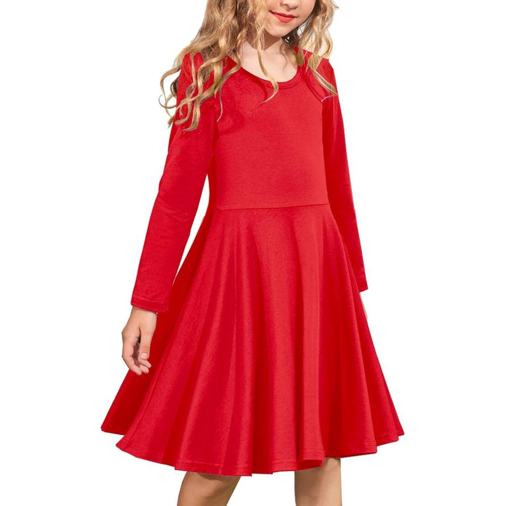 imageArshiner Girls Long Sleeve Stretchy Dress A line Twirly Skater School Party DressRed