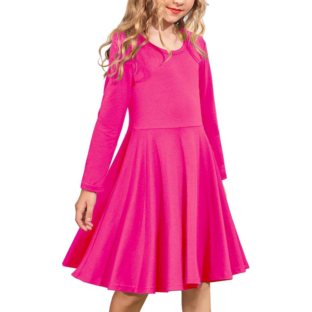 imageArshiner Girls Long Sleeve Stretchy Dress A line Twirly Skater School Party DressRose Red