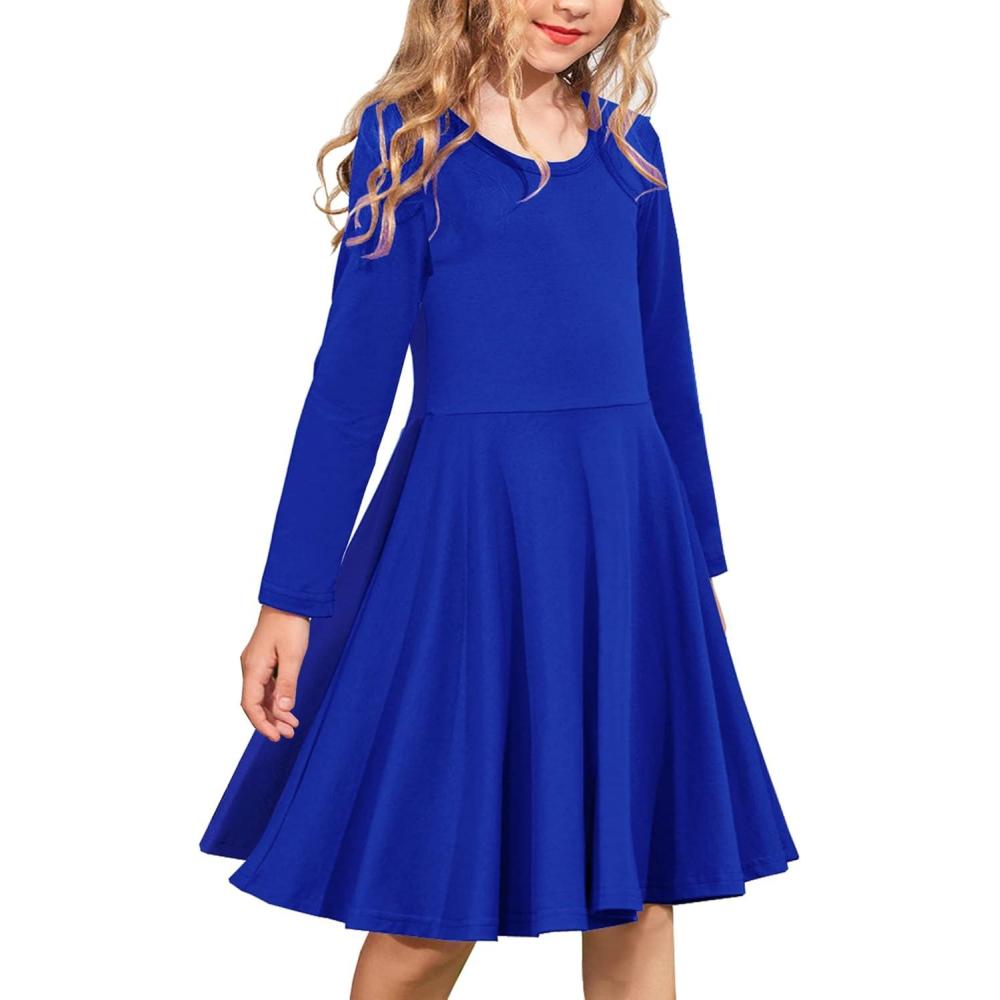 imageArshiner Girls Long Sleeve Stretchy Dress A line Twirly Skater School Party DressRoyal Blue