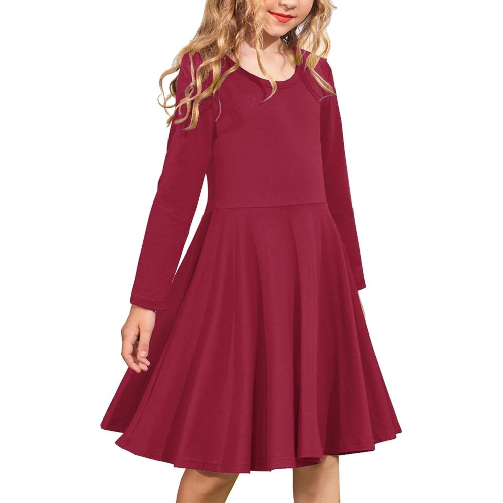 imageArshiner Girls Long Sleeve Stretchy Dress A line Twirly Skater School Party DressWine Red